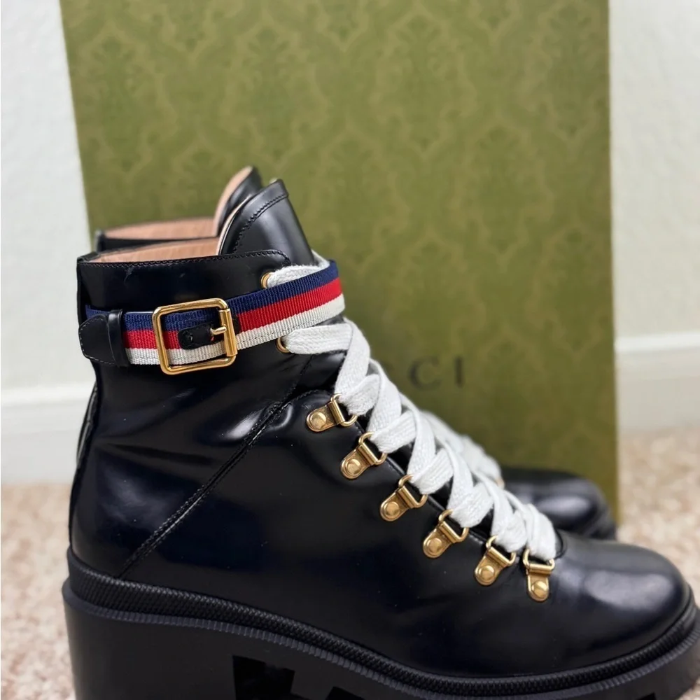 Gucci Sylvie Web Womens Lace Up Calfskin Leather Black Combat Boots Size 39. - Picture 7 of 11